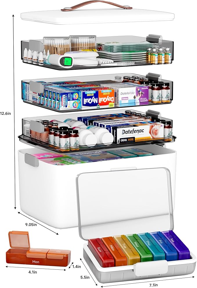 CTIME 4-Tier XL Medicine Organizer with Leather Handle - Portable Pill Case & Empty First Aid Kit for Home, Travel, RV, School, Dorm | Ideal Elderly Gift - Image 4