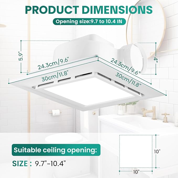 11.8" Panel Bathroom Exhaust Fan with Light, Bathroom Ventilation Fan with 12W 6500K LED Light, 140 CFM 1.0 Sones Low Noise, 4 Inch Duct Quiet Square Fan for Home Bath Restroom Hotel Office - Image 3