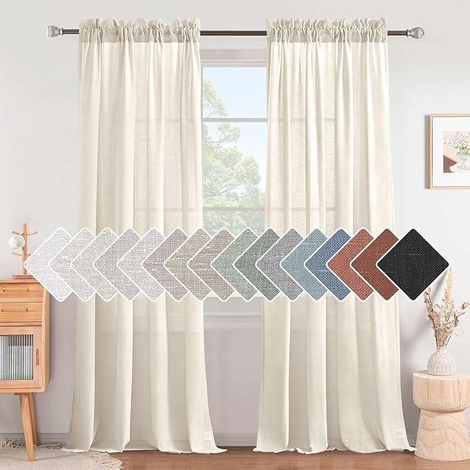 Linen Curtains Elegant Natural Linen Blended Curtains Energy Efficient Light Filtering / Rod Pocket Window Treatments Panels / Drapes for Livingroom (Set of 2, Ivory, 52 inch W X 96 inch L) by HVERSAILTEX