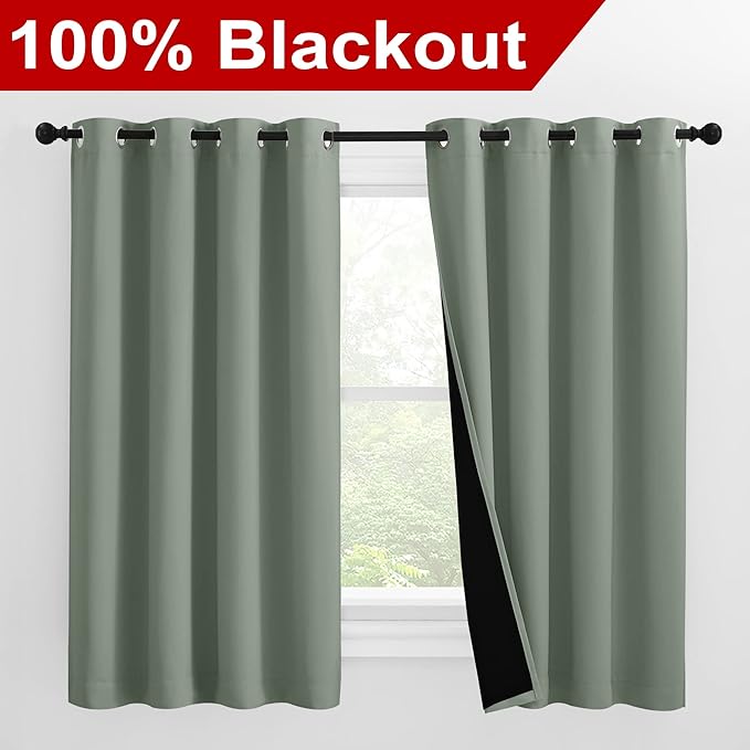 NICETOWN 100% Blackout Curtains 57 inches Long, Double-Deck Completely Blackout Window Treatment Thermal Insulated Lined Drapes for Small Window (Greyish Green, 1 Pair, 55 inches Width Each Panel) - Image 2