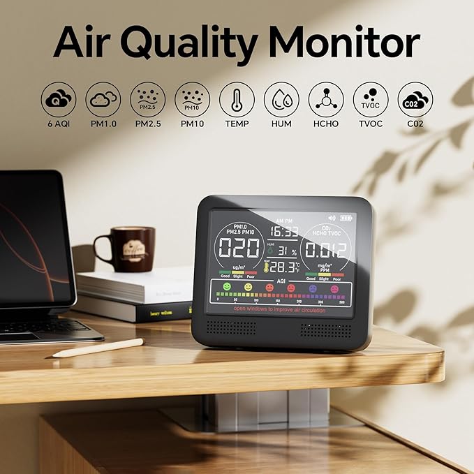 16-in-1 Air Quality Monitor Indoor with 7AQI Beep Alarm, CO2 Monitor, Air Quality Detector with PM1.0 | PM2.5 | PM10 | Temp | HUM | Formaldehyde | VOC Tester for Home Office Plant (Soft Black) - Image 2