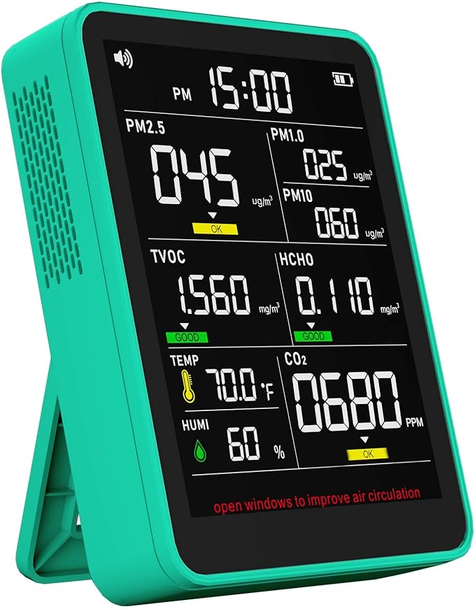 XOOPON 13-in-1 Indoor Air Quality Monitor with PM1.0/2.5/10, CO2, HCHO, TVOC, Temp, Humidity & Time, 4 Alarm Modes, Portable Air Quality Tester for Home, Office, Car, Wall-Mount or Desktop Use by Xoopon