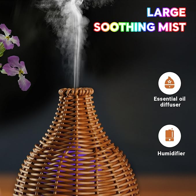 Boho Essential Oil Diffuser for Home Rattan Weaving with Remote Control, 100mL 7 Changing Color Lights Ultrasonic Aroma Humidifier, Noiseless Auto-Off Sleep Mode for Bedroom Office Workout - Image 2