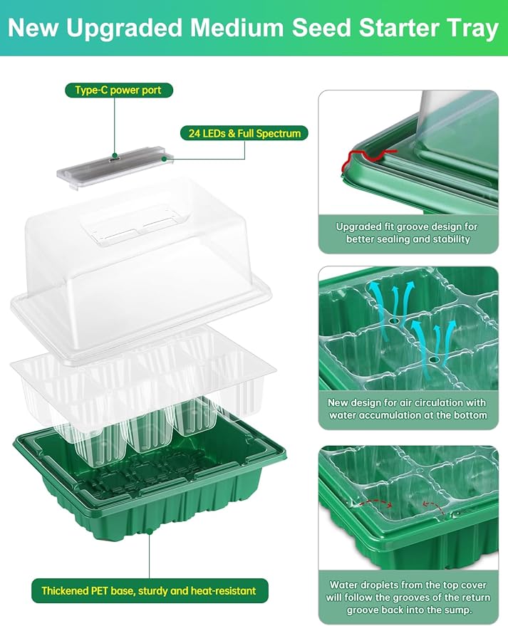 Seed Starter Tray Medium Size 4 Packs, Seed Starter Kit with Upgraded 24 Full Spectrum LEDs, Adjustable Brightness and Timer, with Drainage Holes, Tools and Labels for Indoor Plant Growing - Image 2