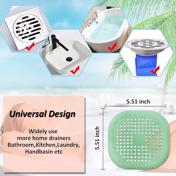 Hair Drain Catcher,Square Drain Cover for Shower Silicone Hair Stopper with Suction Cup,Easy to Install Suit for Bathroom,Bathtub,Kitchen 2 Pack (Green) - Image 5
