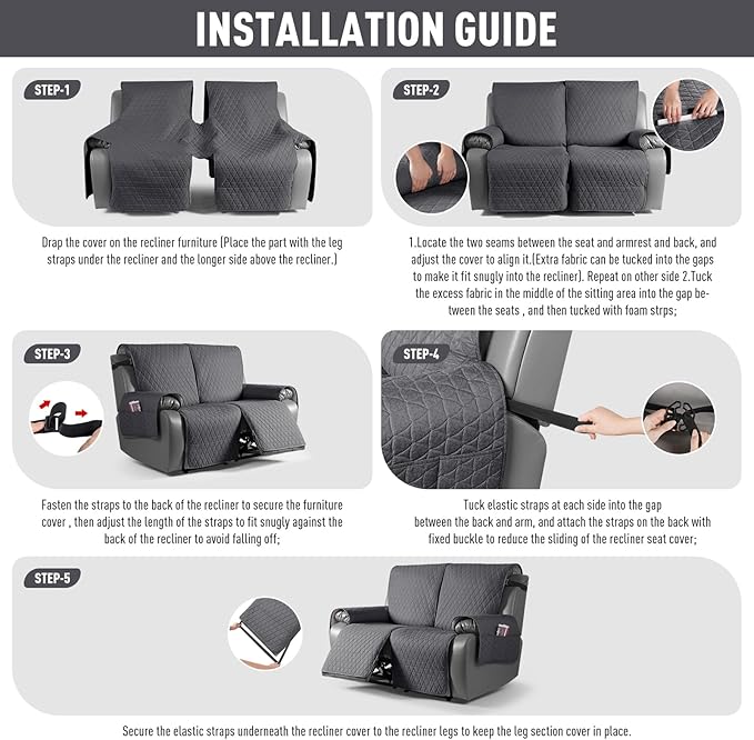 TAOCOCO 100% Waterproof Recliner Cover, Non-Slip Washable Reclining Couch Cover with Elastic Leg Straps, Furniture Protector for Dogs (Black Gray, 2 Seater) - Image 7