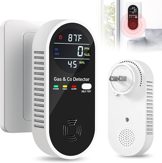 4-in-1 Portable Carbon Monoxide Detectors Plug in – Natural Gas Leak Detector, Methane & CO Alarm with Dual Sensor, Temperature & Humidity Display for Home, RV, Travel, 1 Pack by Unknown