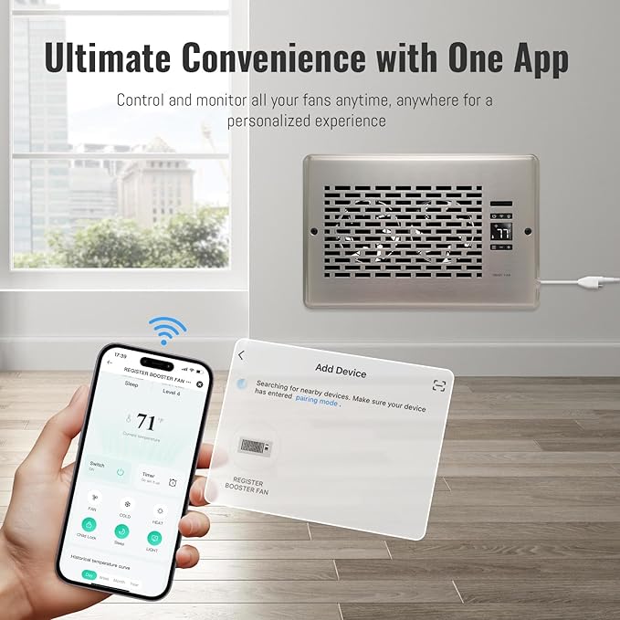 Register Booster Fan for 6" x 10" Register Holes, Quiet Vent Fan Booster with Intelligent Thermostat, Improves Heating Cooling, App Control, 10-Speeds, Manhattan Smart Register Vent, SN - Image 2