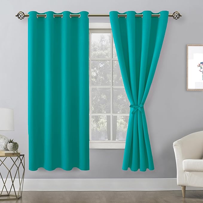 Hiasan Blackout Curtains for Bedroom, 52 x 63 Inches Length - Thermal Insulated & Energy Saving Window Curtains for Living Room, 2 Drape Panels Sewn with Tiebacks, Peacock Teal - Image 2