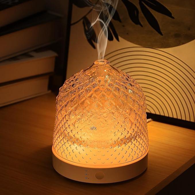 Glass Essential Oil Diffuser, 200ml Ultrasonic Aroma Diffusers with Glass Reservoir Dome & White Plastic Base Lock Color Auto-Off Timer 7 Color Light for Home Office Bedroom Yoga by Lecdura