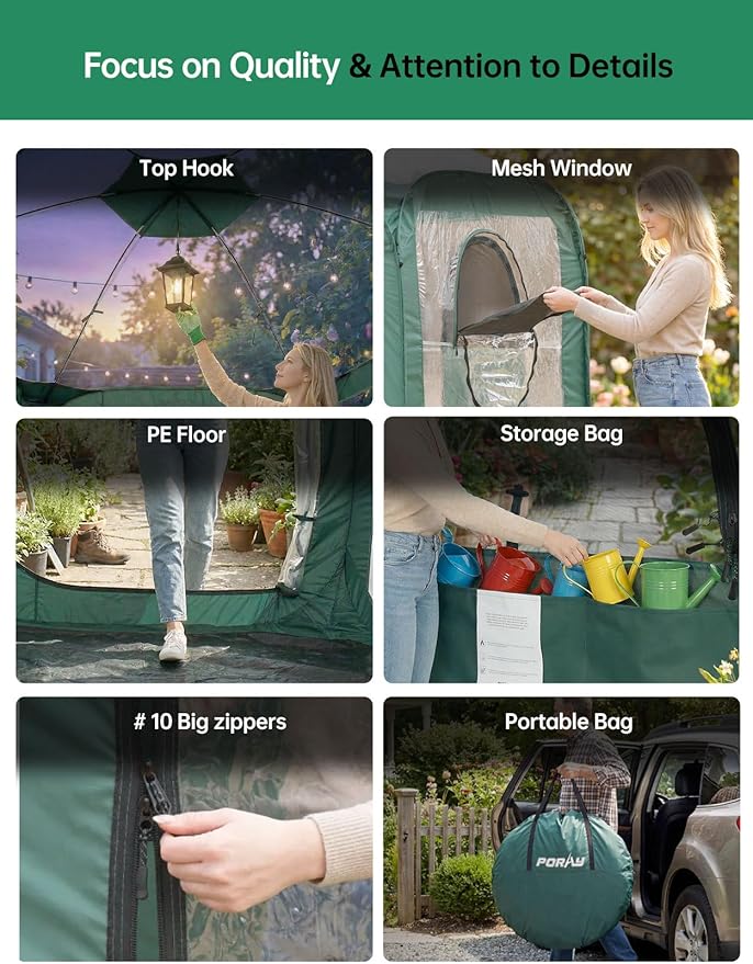 Porayhut Pop up Greenhouse Tent,Portable Large Walk-in Plant House 10’X10’ ,Indoor Outdoor Gardening Plant Sunshine Room with PVC Mesh Cloth Cover for Protecting Plant from Cold Frost & Birds - Image 7