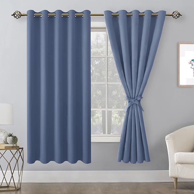 Hiasan Blackout Curtains for Bedroom, 60 x 63 Inches Length - Thermal Insulated & Light Blocking Window Curtains for Living Room/Kids Room, 2 Drape Panels Sewn with Tiebacks, Blue Haze - Image 2