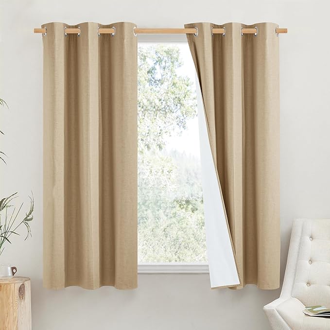 NICETOWN 100% Absolutely Blackout Linen Curtains with Thermal Insulated White Liner, Camel, 42" Wide by 63" Long, 2 Pieces, Linen Blend Window Drapes Privacy Window Treatments for Bedroom/Kids Room by NICETOWN
