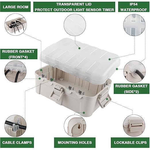 Flemoon Outdoor Electrical Box with Transparent Lid, IP54 Waterproof Electrical Box Outdoor, Large Weatherproof Extension Cord Cover with Clear Cover for Photocell Light Sensor Timer, Outlet, Almond - Image 5