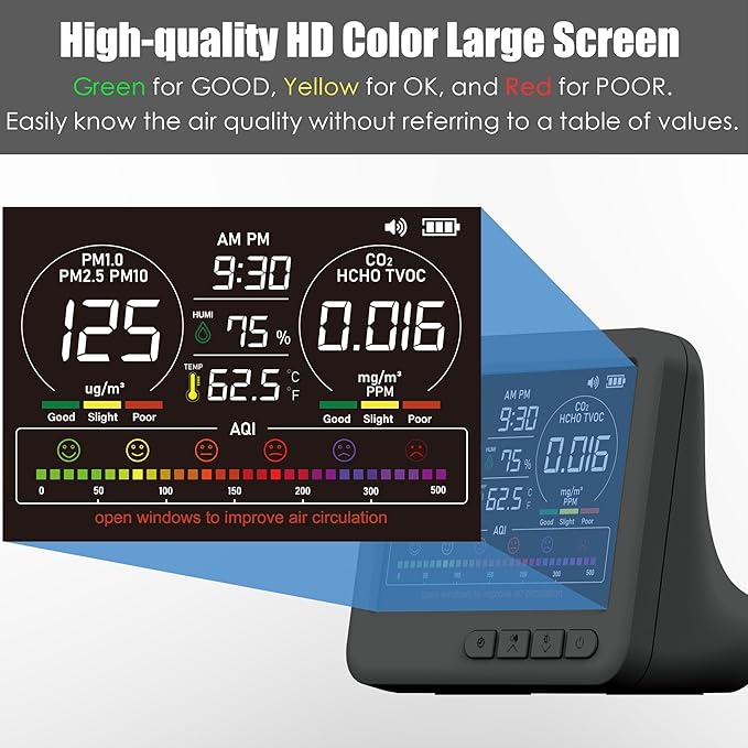 Professional Indoor Air Quality Monitor with 7X AQI Alarms,16 in 1 Portable Real-Time Detector for PM2.5 | PM10 | CO2 | TVOC | HCHO | Temp | Hum for Home Cars Plants Pets (Black) - Image 4