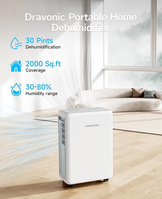 30 Pints Dehumidifier for Basement and Home, Quiet 3-Mode Operation with Continuous Drain Hose, 0.4 Gal Tank, Auto Defrost and 24H Timer for Bedrooms and Bathrooms (White, 30 Pints) - Image 2