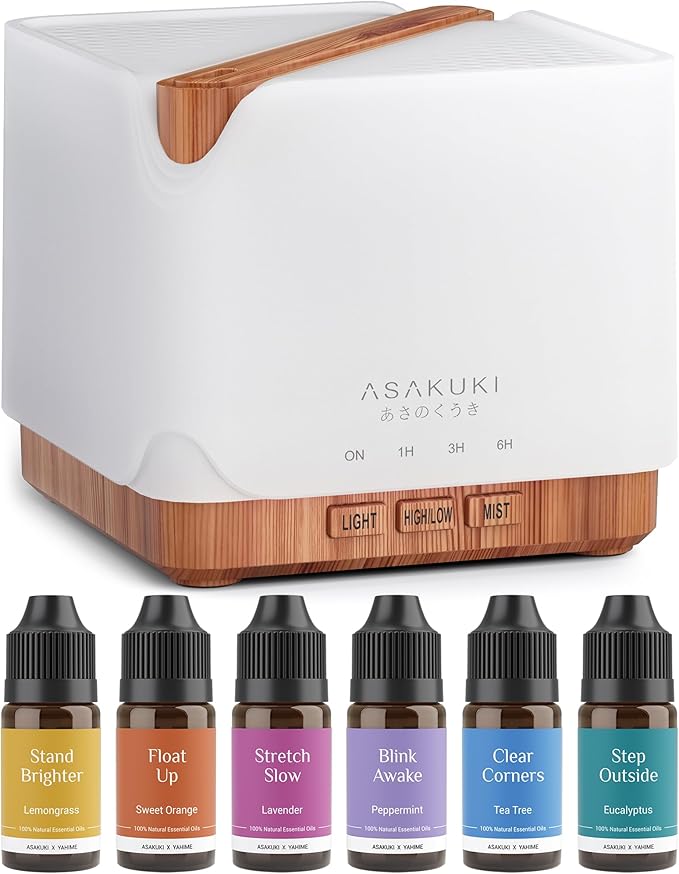 ASAKUKI Essential Oil Diffuser 700ml, Ultrasonic Aromatherapy Humidifier with Top 6 Essential Oils Set, 7 LED Colors, Timer & Auto-Off, Large Room Diffuser, Valentine's Day Gift by ASAKUKI