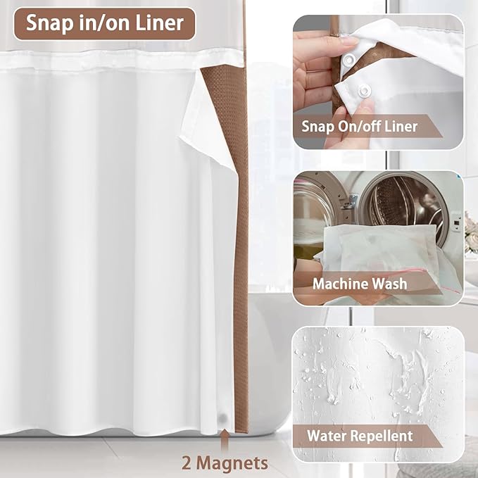 No Hook Shower Curtain and Liner Set,Mocha Brown Hotel Waffle Shower Curtain with Liner 75" L x 72" W - Image 4