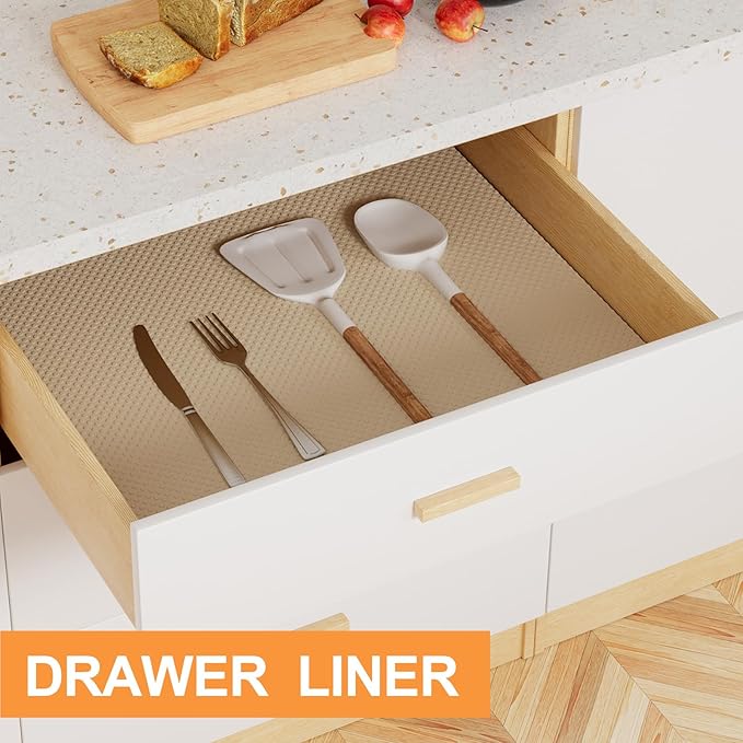 FLPMIX Shelf Liners for Kitchen Cabinets: 17.7" Wide Waterproof Non-Adhesive Drawer Liner - 17.7" x 96" Khaki Easy to Cut Cupboard Mat for Pantry Shelves - Image 3