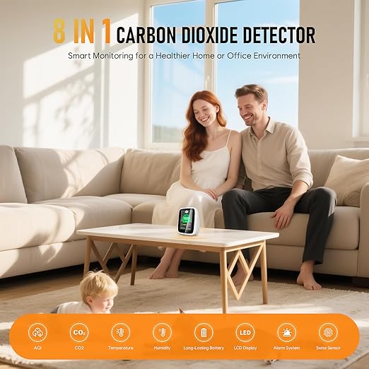 CO2 Monitor Carbon Dioxide Detector, 5-in-1 Indoor Air Quality Monitor, Portable CO2 Tester with Alarm, Tester for Carbon Dioxide, Temperature & Humidity, CO2 Sensor for Grow Tents, Bedroom, Home - Image 2