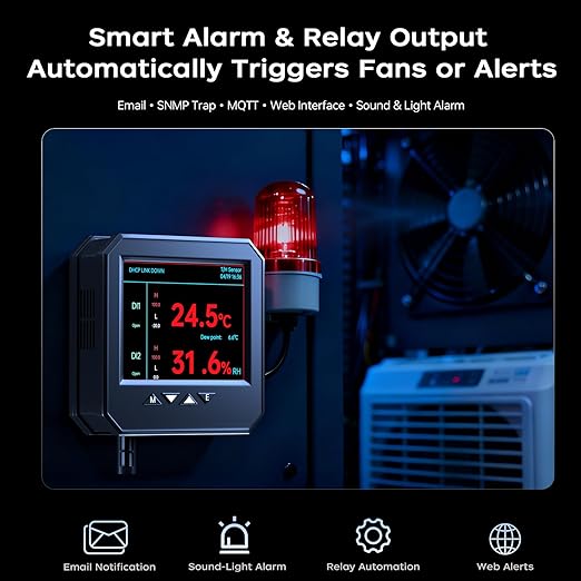 Ethernet Server Room Temperature Monitor, PoE Server Rack Temperature Humidity Sensor with Web Interface, SNMP Modbus MQTT Support, Dual Power, IP55, Data Logging, Alarm & Relay Output - Image 6