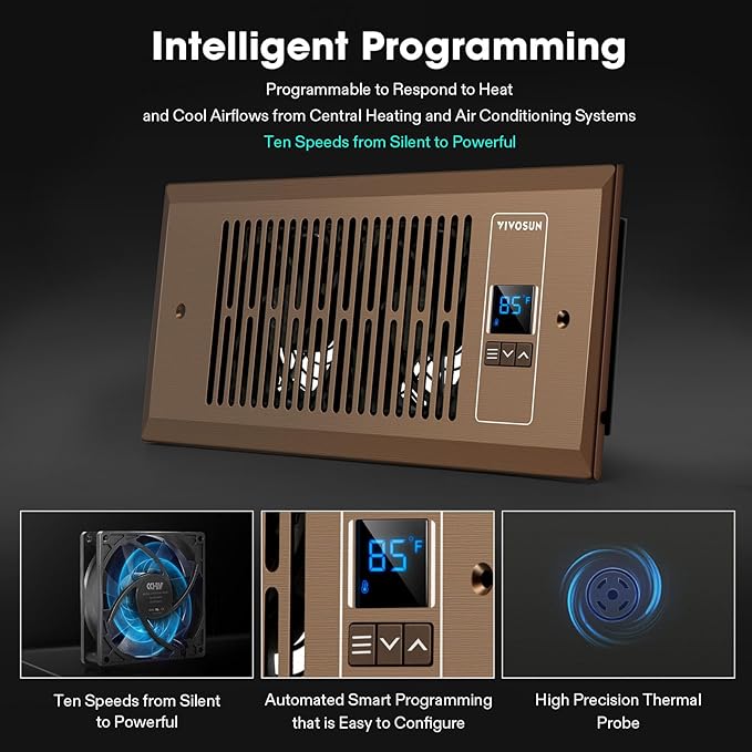 VIVOSUN Quiet Register Booster Fan 4”×10”, Smart Register Vent with Intelligent Thermostat Control, Cooling Heating AC Vent Booster Fan, Brown - Image 4