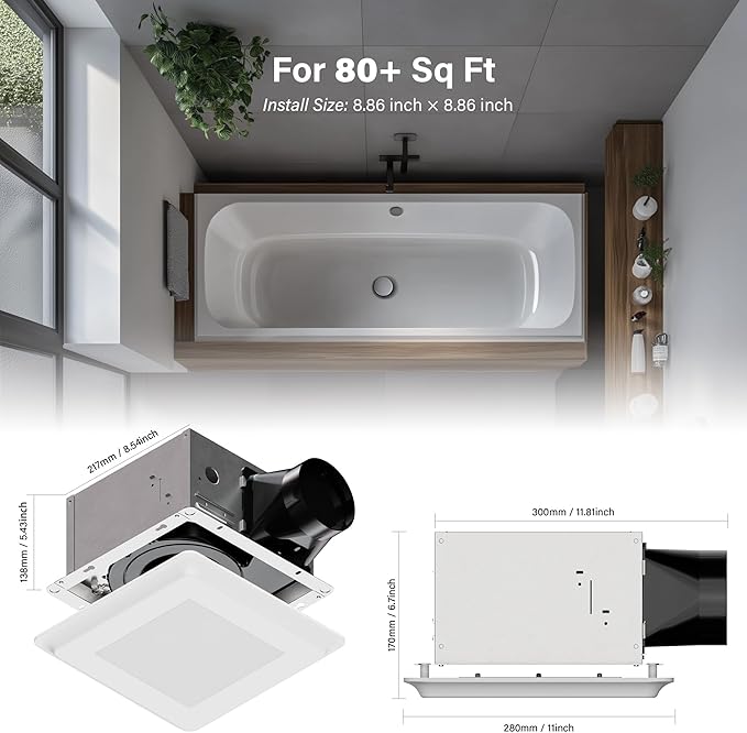 2 in 1 Bathroom Exhaust Fan with LED Light: 20W Ceiling Mount Ventilation Fan and Lamp Combo for Bathroom and Home, 80CFM, 120V, 1000LM, 5CCT Seletable, Dimmable & Wet Rated, ETL Certified - Image 2