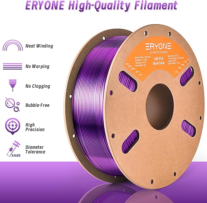 ERYONE Silk Dual Color PLA Filament 3D Printer 1.75mm +/- 0.03mm, Bicolor Filament Two Tone PLA Bundle 2KG Cardboard Spool, Black Purple - Image 3
