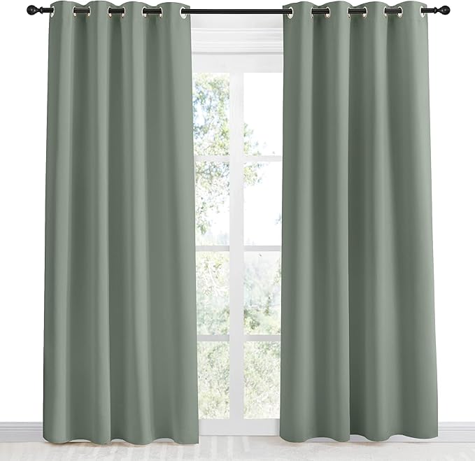 NICETOWN Blackout Greyish Green Curtain 86 inch Length for Bedroom, W55 x L86, 1 Panel, Thermal Insulated Grommet Room Darkening Window Drape Sound Dampening for Living Room - Image 2