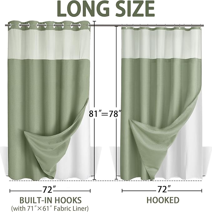 No Hook Shower Curtain and Liner Set,Sage Green Hotel Waffle Shower Curtain with Liner 81" L x 72" W - Image 6