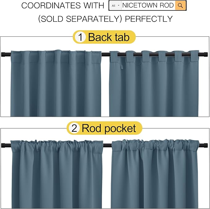 NICETOWN Bedroom Blackout Curtain Panels - (Smoky Blue Color) 52 x 120 inch, 2 PCs, Insulating Energy Saving Solid Rod Pocket Blackout Drapes for Hall, Villa - Image 3