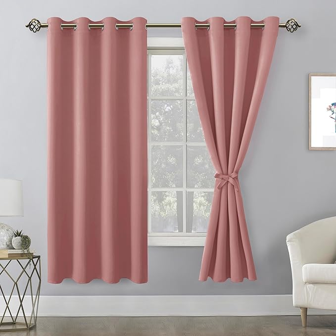 Hiasan Blackout Curtains for Bedroom, 52 x 63 Inches Length - Thermal Insulated & Energy Saving Window Curtains for Living Room, 2 Drape Panels Sewn with Tiebacks, Dusty Rose - Image 8