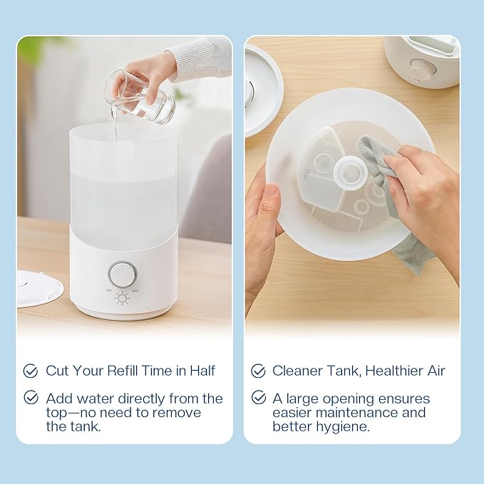 Cool Mist Humidifier for Bedroom, 3L Top Fill Ultrasonic Air Humidifier with Adjustable Knob Control, Quiet Operation, Auto Shut-Off, BPA-Free for Home, Baby, Office, Plants - Image 3