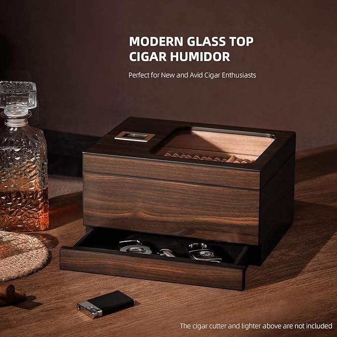 Cigar Humidor, Modern Glass Top Cedar Humidor Cigar Box with Accessory Drawer, Digital Hygrometer,Handcrafted Cedar Wood Tray and Divider, Cigar Case for 30-55 Cigars, Cigar Accessories for Men - Image 5