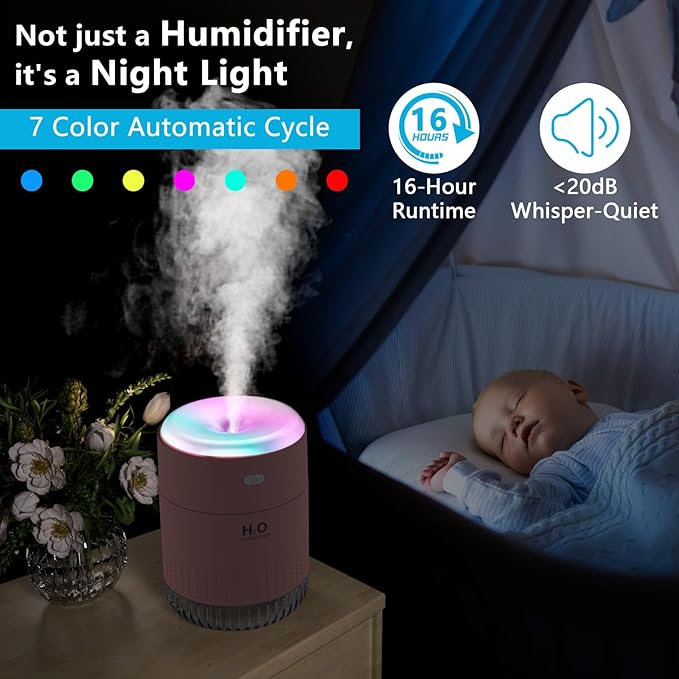 SZO Portable Mini Humidifier, 500ML USB Personal Cool Mist Humidifiers for Bedroom Office Travel Desk, Whisper Quiet 20dB with 2 Mist Modes & Auto Shut-Off, Small Desktop Humidifier(Pink) - Image 3