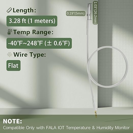 External Flat Temperature Sensor Probe – Waterproof, Wide Range (-40°F to 248°F), 3.2ft Length for Aquarium,Greenhouse, Farm, Freezer & Industrial Use, Only for FALA IOT Detector, 1 Meters - Image 2