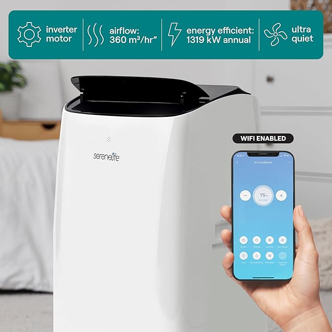 SereneLife 14000 BTU Ultra Quiet Portable Inverter Air Conditioner, Smart Cooling & Heating with WiFi, Energy Efficient, For Bedrooms, Living Spaces & Offices, 650 Sq Ft Coverage - Image 7