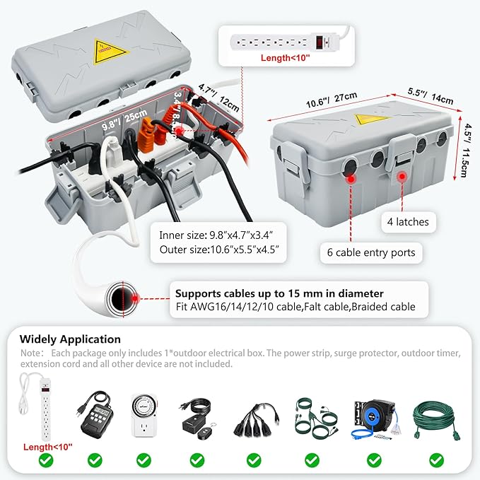 Hrensaw Medium Outdoor Electrical Box(10.6x5.5x4.5inch),Weatherproof Connection Box w/6 Cable Entry,IP54 Waterproof Extension Cord Cover Protect Power Strip,Timer,Plug,Holiday Lights,Grey - Image 2