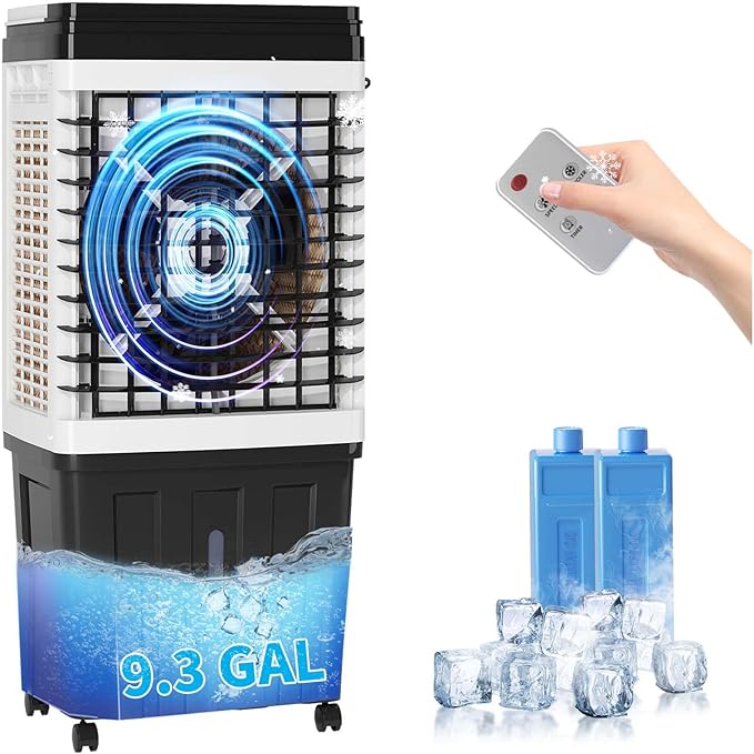 TABU 2953CFM Evaporative Air Cooler, 3-in-1 Portable Swamp Cooler with 9.3-Gal Water Tank, Cooling,Fan & Humidifier,120° Oscillation,3 Wind Speeds,7.5H-Timer,Remote Control,Ice Packs,Black by TABU