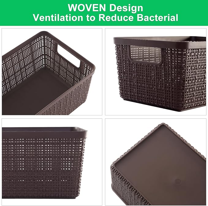 6 Pack Plastic Storage Baskets With Lids,Brown Breathable Stackable Storage Bins,Small Storage Containers,for Organizing Storage Baskets on Desktops,Closets,Playrooms,Classrooms,Offices - Image 2