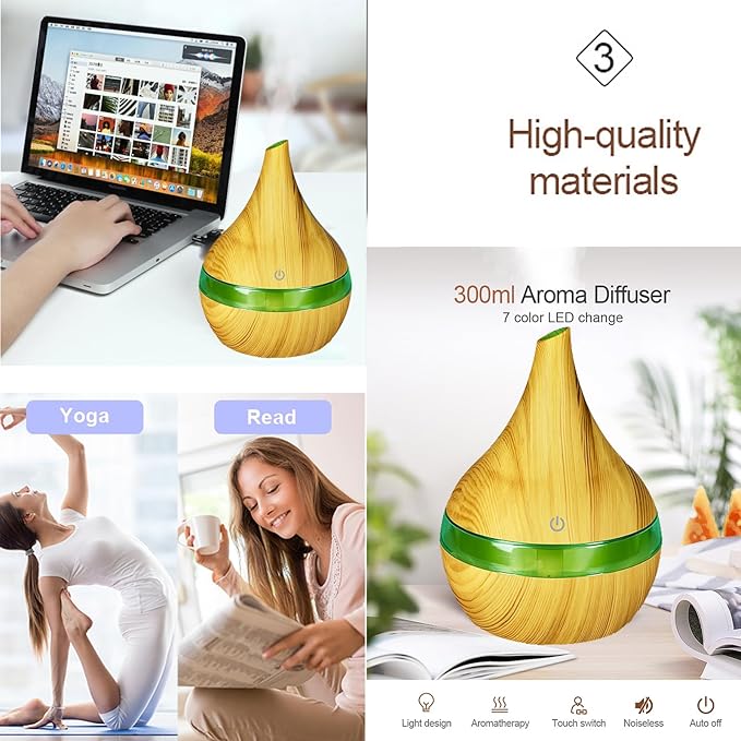 FULLBELL Cool Mist Humidifier, 300ML, 10-20 Hours Runtime, 7 Color Lights, 2 Modes, 24db Quiet, Black (Light Brown-300ML) - Image 4