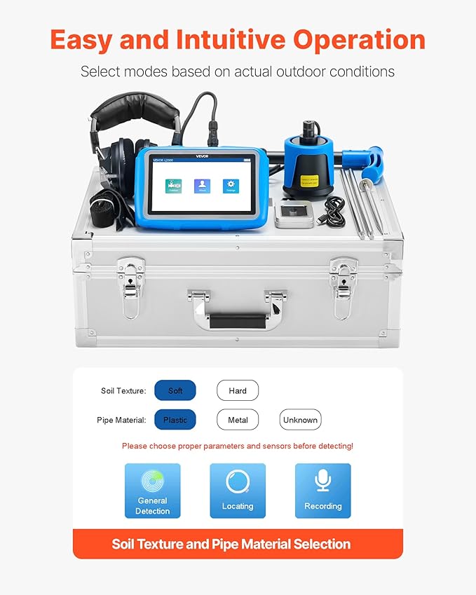 VEVOR Pipe Water Leak Detector for Outdoors, 1Hz-10000Hz, 7" Touchscreen Water Leakage Detection Locator for 16.4FT (5m) Underground Plumbing - with Medium Sensor, 3 Listening Rods, Headphone & Case - Image 5