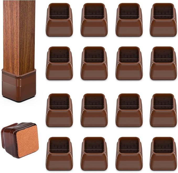 16pcs Square Chair Leg Floor Protectors, Felt Pads Chair Leg Protectors for Hardwood Floors, Silicone Furniture Feet Cups Covers Felt Pads, Prevents Scratches & Reduce Noise, Brown, Small by BAIPOK