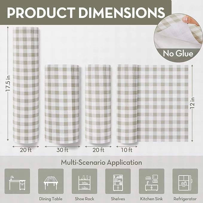 Drawer and Shelf Liner, Non-Slip Kitchen Cabinet Liners Non-Adhesive Thick Strong Grip Waterproof Washable Mats Protect Dresser Shelves Cupboard Bathroom Cabinets, Green Plaid, 12 in X 30 FT - Image 2