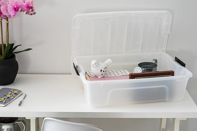 IRIS USA 27 Qt Stackable Plastic Storage Bins with Lids, 6 Pack - BPA-Free, Made in USA - Discreet Organizing Solution, Latches, Durable Nestable Containers, Secure Pull Handle - Pearl - Image 7