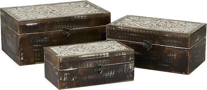 Deco 79 Wood Floral Handmade Decorative Box Decorative Keepsake Boxes with Hinged Lid, Set of 3 Storage Boxes 12", 11", 9"W, Brown by Deco79