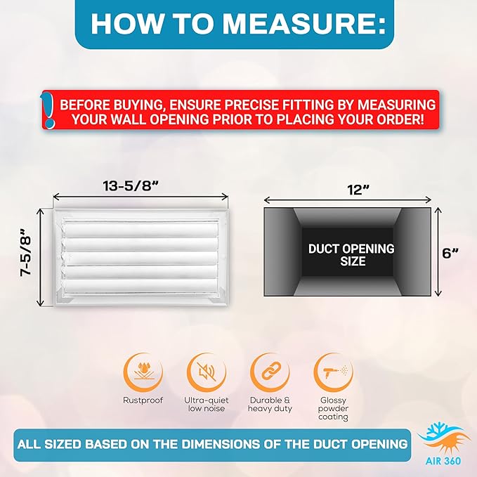 Aluminum 12 x 6 In (Duct Opening) Heater Vent Deflector Wall AC Grille – Premium Register Vent Cover – Durable Rustproof Wall Grille – Overall Size 13-5/8 x 7-5/8 Inch – Adjustable Front Blades, White - Image 3