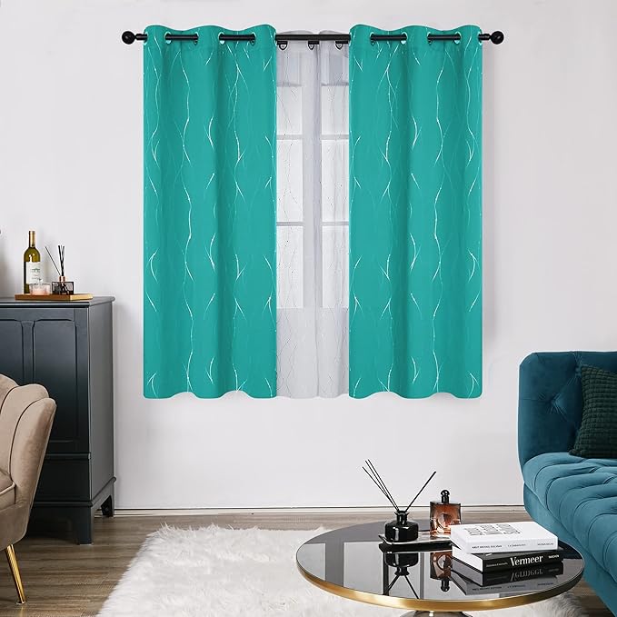Deconovo Blackout Curtains, Thermal Insulated Soundproof Grommet Drapes, Wave Dots Silver Print, 42 x 54 Inch, Set of 2, Machine Washable Panels for Kitchen Bedroom Living Room Nursery, Turquoise - Image 2