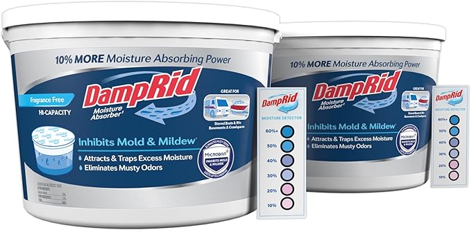 DampRid Hi-Capacity Moisture Absorber Bucket, Fragrance Free, 2 lb. 15.5 oz. & Moisture Detection Strip (2 Pack), Attracts & Traps Excess Moisture by DampRid