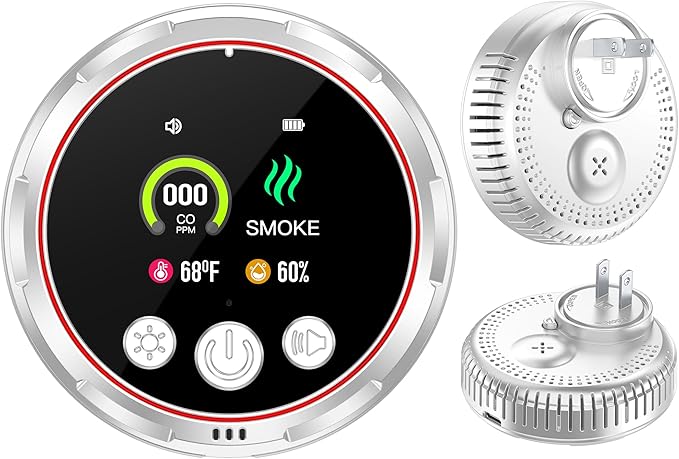 4-in-1 Plug in Smoke & Carbon Monoxide Detectors Combo Built-in 1000mAh Backup Battery Plug&Play 85dB Alarm [CO Smoke Temp Humidity Combination] Senor for Home Hotel Travel (White, 1 Pack) by HAKINAKU
